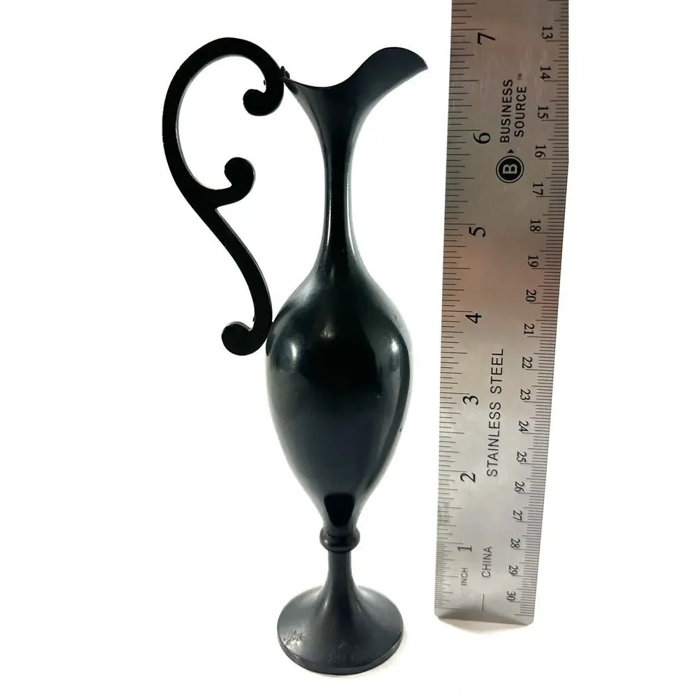 Vintage Black Gold Metal Ewer Vase Hollywood Regency Floral Bird Pitcher 7”